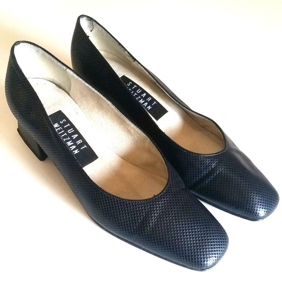 navy stacked heel pumps